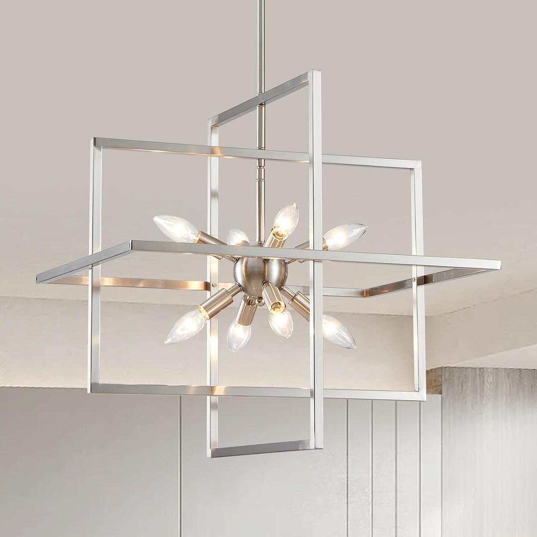 Modern Chandelier, 8-Light Geometric Ceiling Light Fixture, 22" Height Adjustable Brushed Nickel Lamp for Foyer, Stairway, Living Room