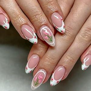 Flower Press on Nails Almond, French Tip Fake Nails, Spring Pink Tulip False Nails, Medium Length Acrylic Nails with Fragment Floral Designs, Glossy Glue on Nails for Manicure Decor