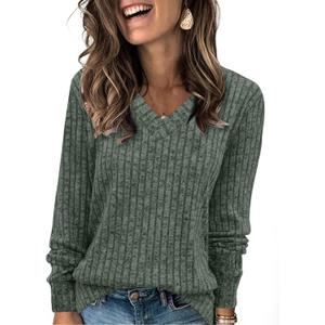 Sampeel V Neck Long Sleeve Shirts for Women Casual Fall Tops Lightweight Tunic Sweaters Fashion Clothes Loose Fit 2025 (Green, L)