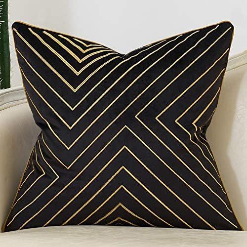Avigers 20 x 20 Inch Black Gold Striped Geometric Lines Embroidery Velvet Cushion Case Luxury Modern Throw Pillow Cover Decorative Pillow for Couch Living Room Bedroom Car 50 x 50cm