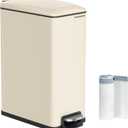 SONGMICS Slim Trash Can, 13-Gallon (50 L) Garbage Can for Narrow Spaces with Soft-Close Lid, Inner Bucket, and Step-on Pedal, Stainless Steel, 15 Trash Bags Included, Sand Beige ULTB510A01