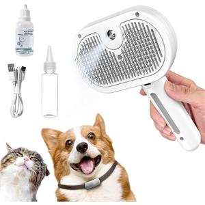 Pet Steam Brush, 3-in-1 Self-Cleaning Grooming Tool for Long & Short Hair Pets - Deshedding and Dematting Hair Brush for Dogs & Cats - White