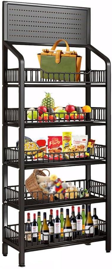 5 Tier Retail Display Rack, Snack Organizer Stand With Wheels & Hooks, Candy Potato Chip Metal Wire Display Shelf Cart for Supermarket and Home Kitchen, Black (23.6x10.6x67in)