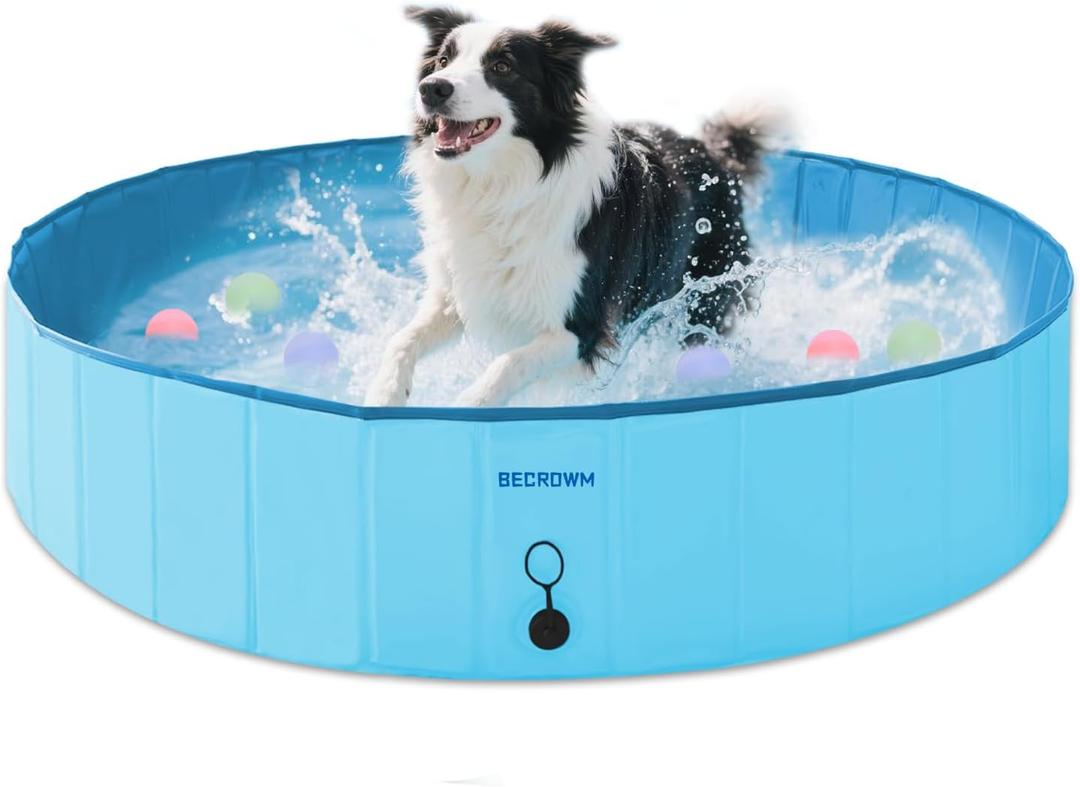 Foldable Dog Pool,Outdoor Pools with 6 Silicone Balls,Portable Dog Pools for Large Dogs,Hard Plastic Pool for Dogs Swimming in Summer (Blue, Medium-48" x 12")