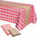 Chumia 2 Pcs Red Gingham Tablecloth Western Cowboy Party Decorations Red and White Checkered Tablecloth Linen Table Runner Disposable Table Cover for Farm Picnic Rodeo Baby Shower Birthday Party Decor