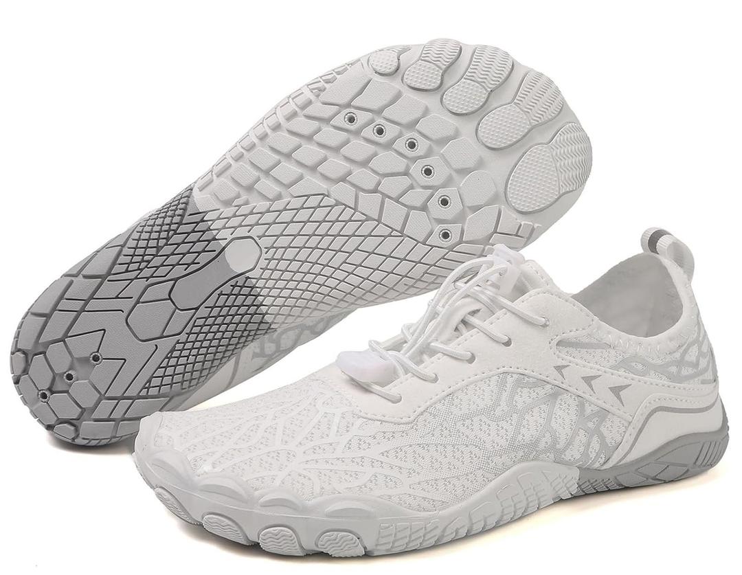Hike Barefoot Shoes for Womens Men,Quick Dry Water Shoes,Beach Pool Aqua Swim Surf Hiking Walking Shoe,Non-Slip Athletic Footwear Wide Toe Water Shoe (White Grey)