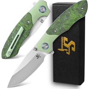 Sitivien ST272 Folding Knife, S90V Steel Blade Titanium Carbon Fiber Handle Knife with Pocket Clip for Outdoor Camping, Hiking, Survival (Green)
