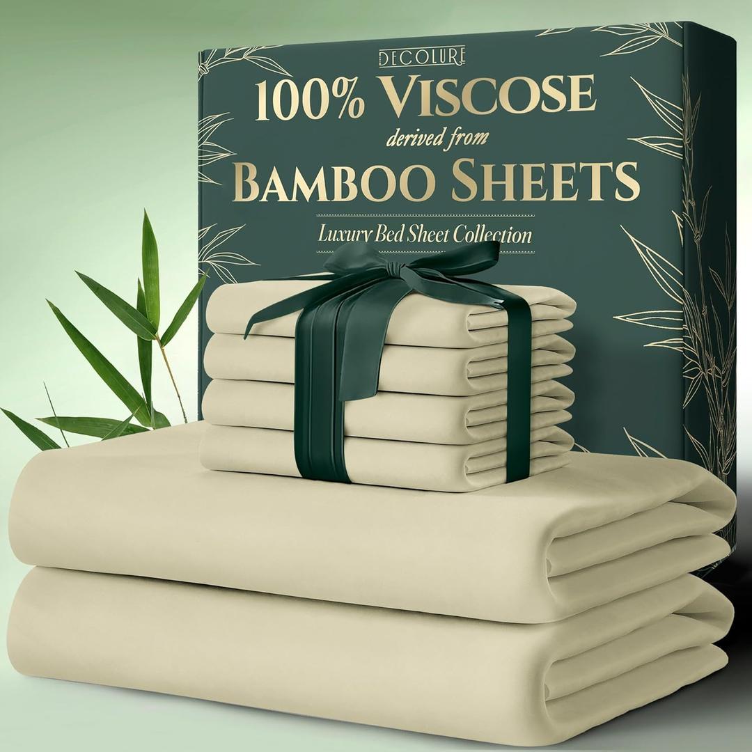 DECOLURE 100% Viscose Derived from Bamboo Sheets Queen Size 6pcs - Ultra Soft & Luxuriously Cooling, 17" Deep Pocket, Double Stitching, Perfect for Hot Sleepers - Queen Bed Sheets (Creme)