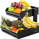 Bamboo 2 Tier Fruit Basket Stand for Kitchen Counter, Tiered Wooden Large Countertop Vegetable Fruit Holder with Banana Hook, Black