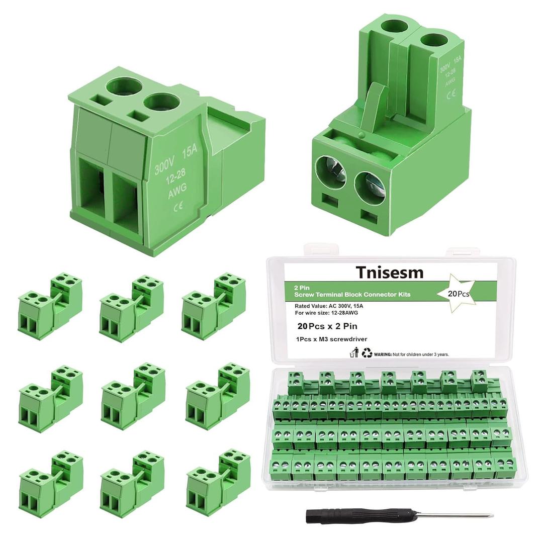 Tnisesm 16Pcs 2 Pin Screw Terminal Block Connector 5.08mm Pitch Pluggable with 2 Pin Phoenix Plug 300V 15A for 28-12AWG Cable