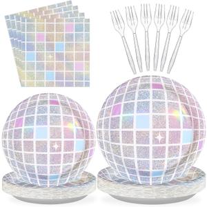 Grencian 96Pcs Disco Party Supplies Pink Pastel Silver Disco Ball Plates and Napkins Tableware Sets Rainbow Iridescent Birthday Decorations for Wedding Sprinkle Bachelorette 70s Disco Party Serves 24