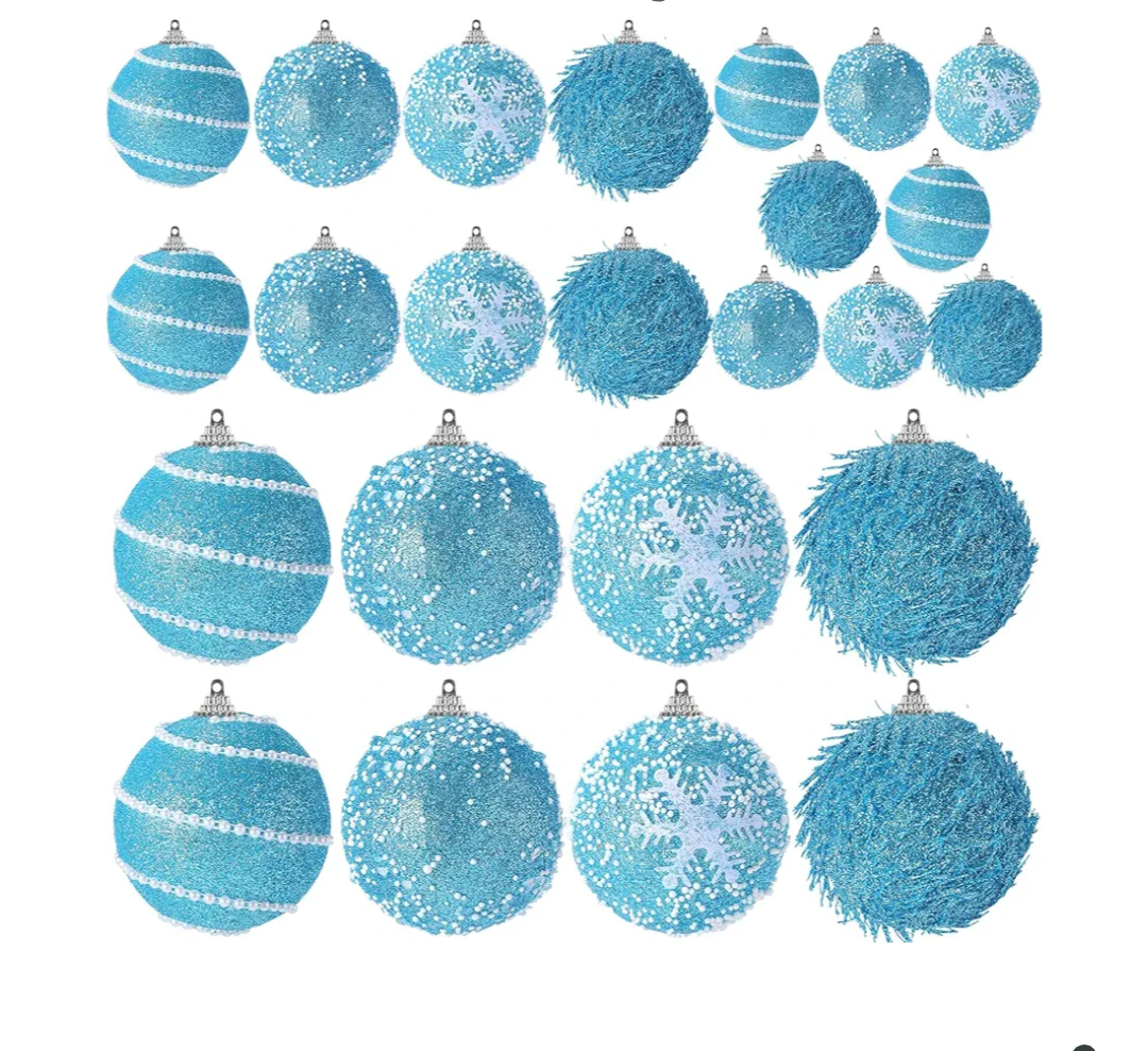 VioraWhite 24 Pcs Glitter Christmas Tree Ornaments, Assorted Sizes Sequin Snowflake Shatterproof Christmas Ball Hanging Ornament Set for Xmas Holiday Party New Year Home Decorations(Light Blue)
