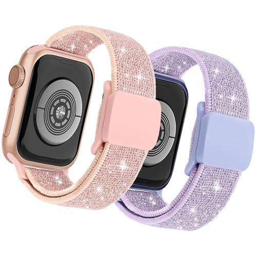 sylacor Stretchy Bands Compatible with Kids Apple Watch Band 38mm 40mm 41mm 42mm 44mm 45mm 46mm 49mm, Soft Elastic Glitter Strap for iWatch Series 10 9 8 7 6 5 4 3 SE SE2 Girls Boys (Pink+Purple, 38/40/41/42mm(Series 10))