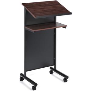Audio-Visual Direct Wheeled Lectern Podium - Standing Desk with Storage Shelf - Cherry/Black - Ideal for Presentations and Laptop Use
