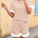 Tankaneo Womens 2 Piece Striped Shorts Set Ruffle Short Sleeve Tops Hight Waist Shorts Matching Sets Summer Vacation Outfits (L)