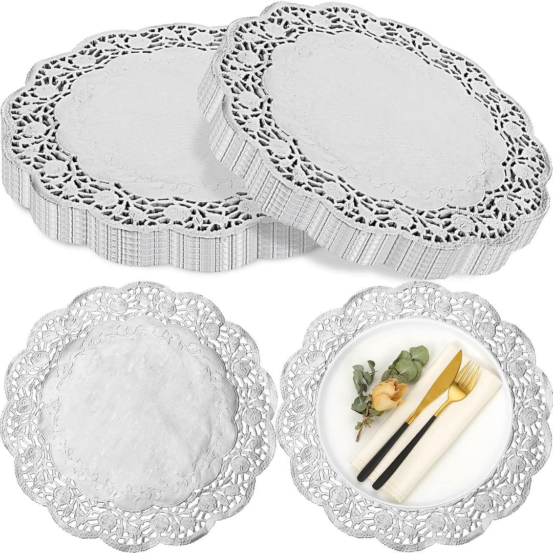 Yexiya 200 Pcs Doilies Lace Paper Doilies 14 Inches Disposable Foil Lace Placemats Large Round Paper Pad Placemats for Cakes Crafts Wedding Birthday Party Decoration(Silver)