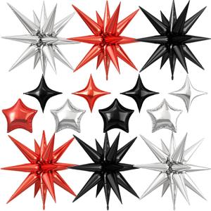 14pcs Red Black Silver Star Balloons, Mixed Star Foil Balloon, 22Inch Explosion Stars Balloons with 10Inch Stars Shaped Balloon, for Birthday Graduation New Year Wedding Disco Party Decorations