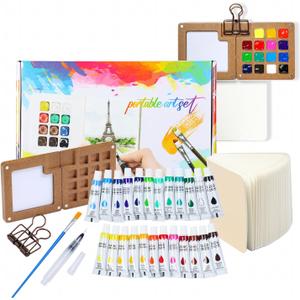 Mini Watercolor Paint Set, Travel Watercolor Paint kit with 24 Colors, Refillable Brush & Sketchbook, Ideal Watercolor Palette for Travel, Creative Painting Kit for Beginners and Artists(15 Gird)