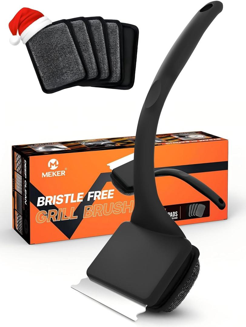 MEKER Grill Brush Bristle Free, Grill Cleaner Brush with 5 BBQ Replacement Head for Cast Iron, Stainless Steel Grates, Safe Grill Scraper Outdoor BBQ Grill, Black