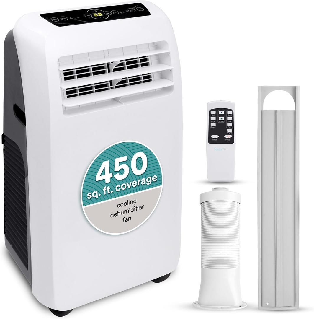 SereneLife Small Air Conditioner Portable 10,000 BTU with Built-in Dehumidifier - Portable AC unit for rooms up to 450 sq ft - Remote Control, Window Mount Exhaust Kit (White)