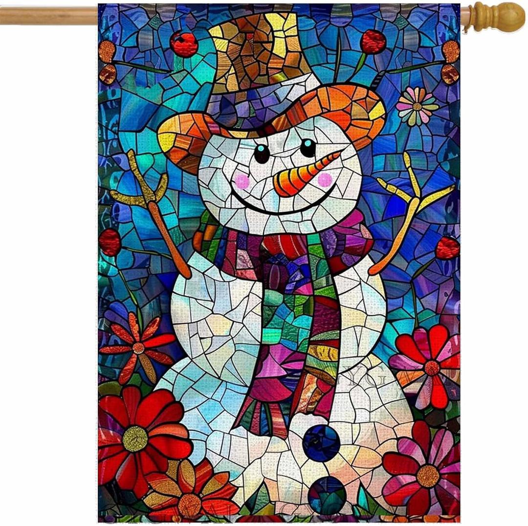 Stained Glass Christmas House Flag 28x40 Double Sided, Winter Snowman Yard Flag Welcome for Outside Porch Lawn Decor