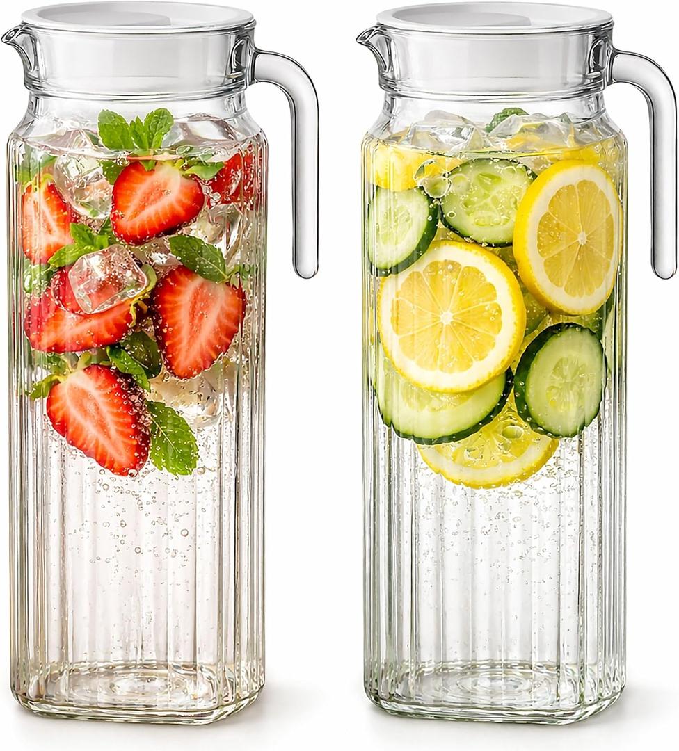 Glass Pitcher with Lid 2 Pack 34 oz Glass Water Pitcher with Handle, Ribbed Glass Container with Lid and Vented Spout for Fridge Shelf, Iced Tea, Lemonade, Juice