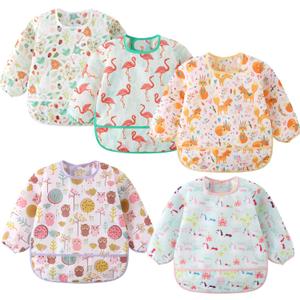 5 Pack Long Sleeve Bib,Baby Toddler Waterproof Sleeved Bib for 6-30 Months Reusable with Catch-all Pocket (Unicorn/Flamingo/Fox/Owl/Bird)