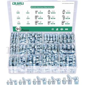 OURU Grease Fittings Assortment, 90PCS SAE & Metric Zerk Grease Fittings NPT 1/4" 1/8" M6 M8 M10, Straight 45 90 Degree Grease Nipple for Grease Gun