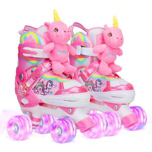 Unicorn Doll Kids Toddler Roller Skates for Girls,WESKIFAN Quad Skating Shoes with Shiny Light up Wheels&Adjustable Sizes Beginners rollerskates for Birthday Xmas Gifts,Patines para Nias Nios (XS(6-9J), Pink)