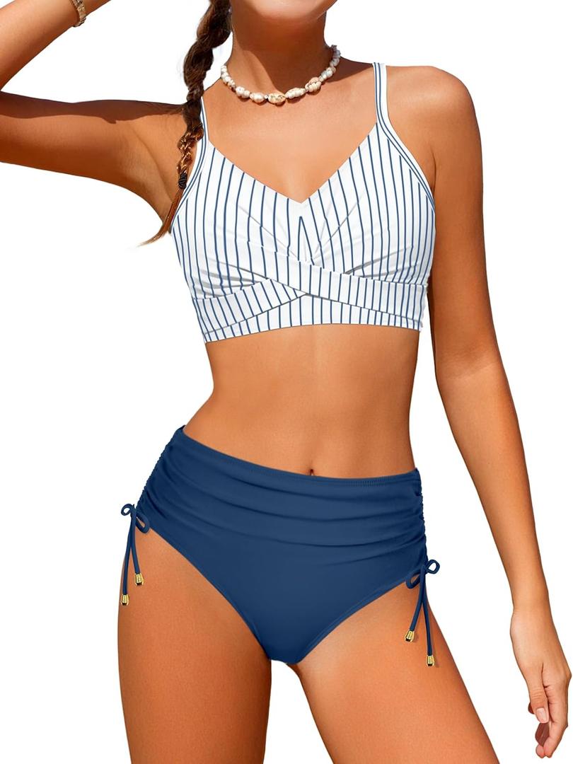 Teen Girls Swimsuits V-Neck Bikini Set Bathing Suits Cross Straps Two Piece Swimwear with Drawstring, Navy Blue, 17-18 Years