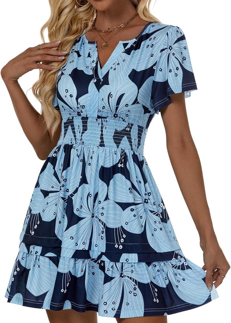 VETIOR Somerset Mini Dress Older Person Friendly Womens Elastic Smocked Waist Henley Neck with Ruffled Sleeves and Pockets (Small, Gray Blue Floral-bestselling)