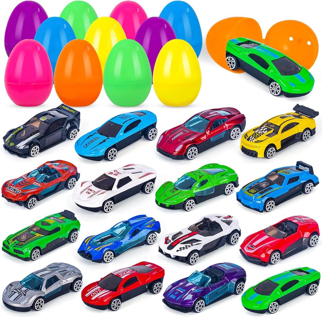 NEUBSAW 16 Packs Easter Eggs with Cars for Boys, Prefilled Easter Eggs for Kids Toddlers Easter Basket Stuffers, Easter Party Favor Supplies for Easter Egg Hunt, Easter Toys Gifts for Boys