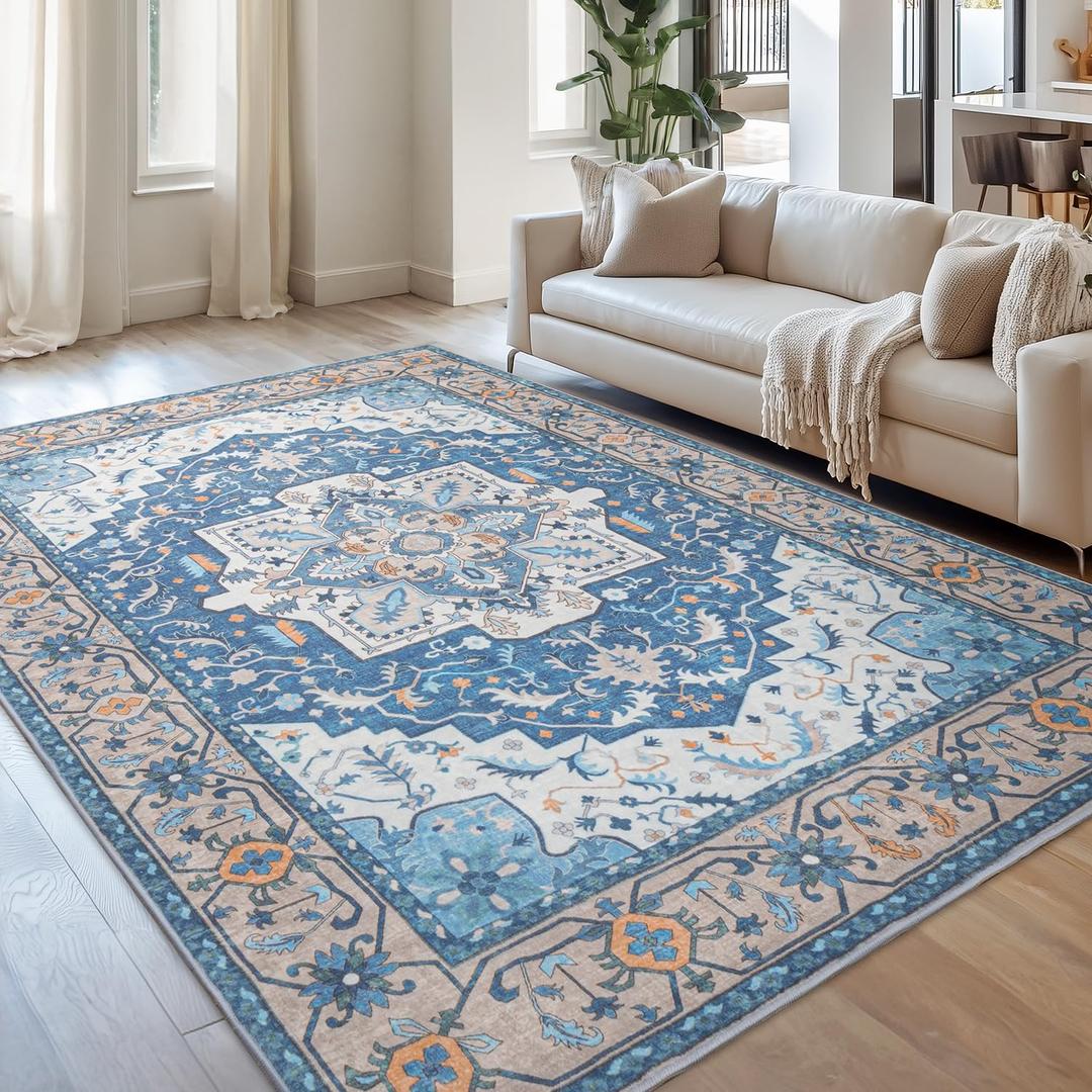 Lessymo 8 x 10 Area Rugs for Living Room- Machine Washable Area Rugs Boho Faux Wool Low Pile Area Rug for Bedroom Floral Medallion Vintage Rugs with Non-Slip Rubber, Kid & Pet Friendly, Blue Brown