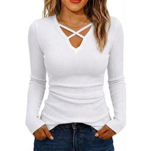 Jar of Love Women's Long Sleeve Shirts for Women Sexy Criss Cross V Neck Ribbed Slim Fit Fall Winter Tops (White, S)