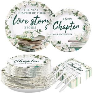 200 Pcs Book Themed Bridal Shower Party Decorations White Floral Paper Plates and Napkins Tableware Set for Girls Women To Be Engagement Wedding Bridal Shower Party Supplies Serves 24