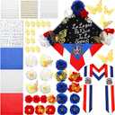 62 Pcs DIY Dominican Graduation Cap Decorations Kit Dominican Graduation Stole Sash Flower Heads 3D Butterfly Glitter Rhinestones Pearl Stickers Alphabet Letter Number for 2026 Grad Party
