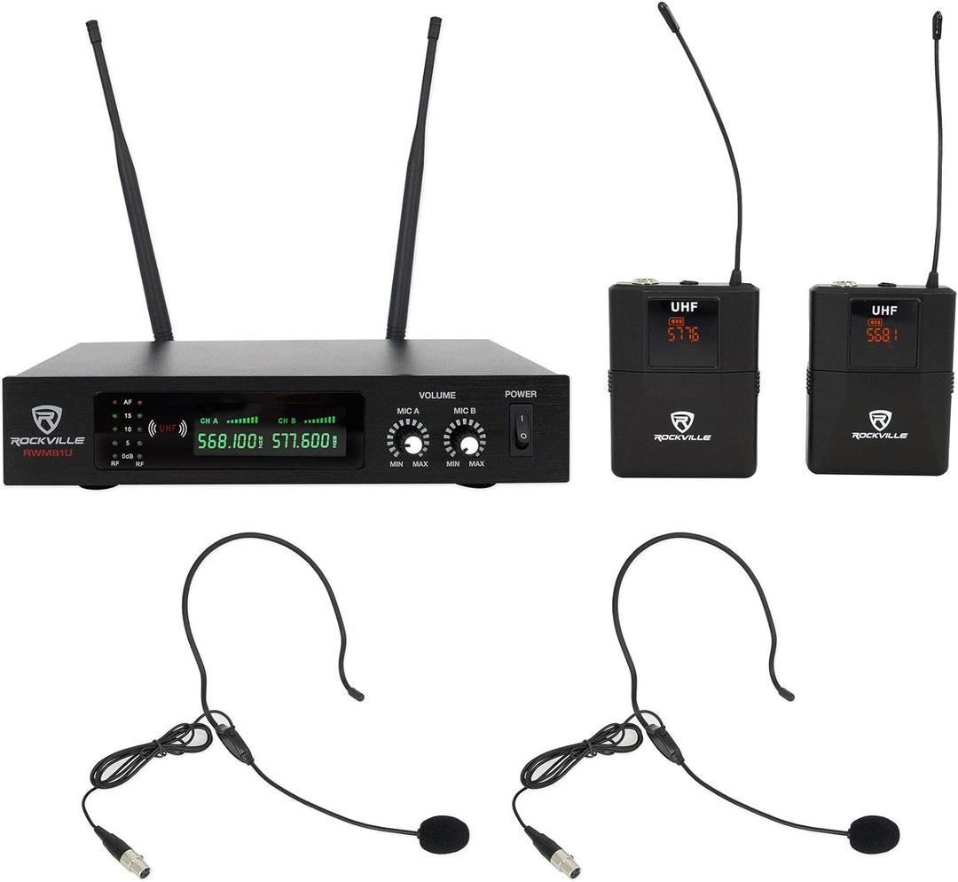 Rockville RWM81U Dual UHF Wireless Headset & Guitar Microphone System, LCD Display, Long Range, Auto-Scan, for Live Performances & Presentations
