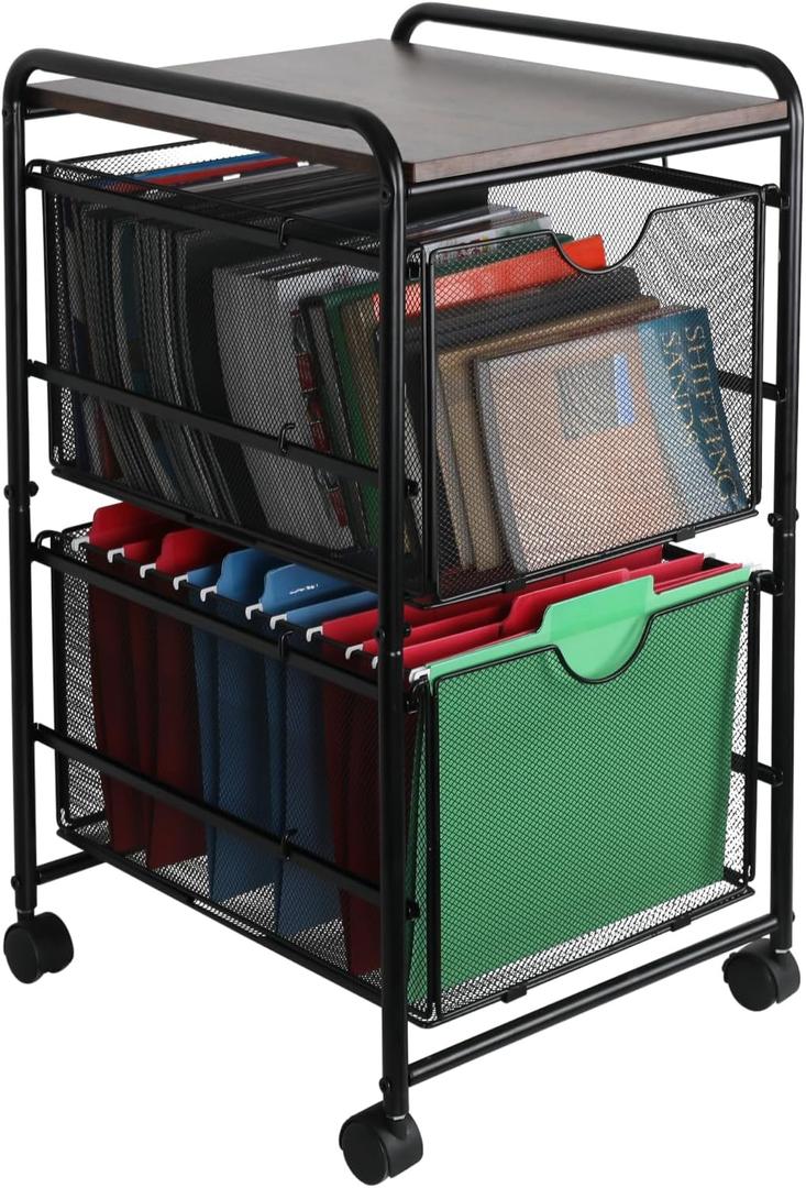 EasyPAG Rolling File Cart on Wheels Under Desk Storage Mobile Filing Cabinet 2 Pull-out Hanging File Holder Drawer for Letter Size Folders, Metal Frame with Wood Top, Black