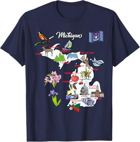 Illustrated Map of Michigan USA Cities Symbols T-Shirt 2XL