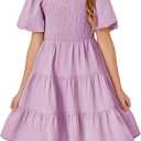 Batermoon Girls Boho Square Neck Puff Sleeve Off Shoulder Smocked Tiered Casual A Line Short Mini Dress Purple, Size 150