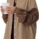 Astylish Womens 2024 Corduroy Shacket Color Block Waffle Jackets Casual Long Sleeve Button Down Shirts Coat (Small, Brown)