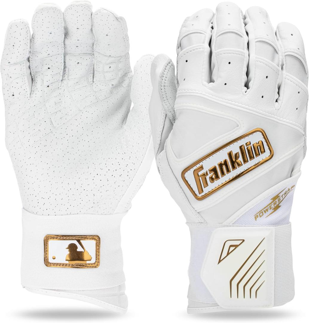 Franklin Sports MLB Batting Gloves - Infinite Powerstrap Baseball + Softball Long Cuff Batting Gloves - Adult + Youth (Adult XX-Large, White/Gold)