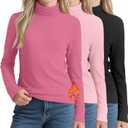 LessonZoo 3 Pack Girls Turtleneck T Shirt, Fleece Mock Neck Thermal Tops Long Sleeve Kids Sweater Soft Base Layer Undershirt (5-6 Years, Rose Red, Coral Pink, Black) 