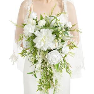 Ling's moment White Green Bridal Bouquet for Bride, White Green Wedding Bouquets for Bride, 13 Inch Bride Bouquets for Wedding Artificial Flowers Bouquets (Wht-lily of the Valley White)