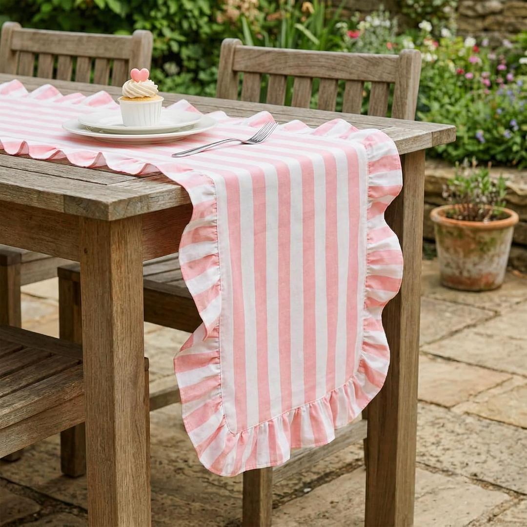 Tegeme Pink and White Ruffle Table Runner 100% Cotton Table Runner for Home Dinner Birthday Party Decoration Baby Shower Dining Room Kitchen Decor (13"x72")