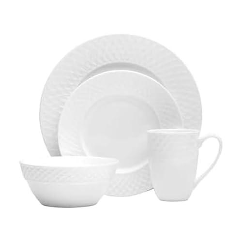 Mikasa Trellis 16-Piece Bone China Dinnerware Set, White, Includes Dinner Plates, Salad Plates, Cereal Bowls and Mugs, Dishwasher Safe