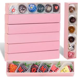 50Pack Strawberry Boxes - 12x2.2x2 Inch with Clear Window for Macaron, Chocolate Truffle, Cookie & Bakery Boxes (Pink)