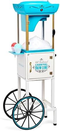 Nostalgia Snow Cone Shaved Ice Machine - Retro Cart Slushie Machine Makes 48 Icy Treats - Includes Metal Scoop, Storage Compartment, Wheels for Easy Mobility - White, Blue