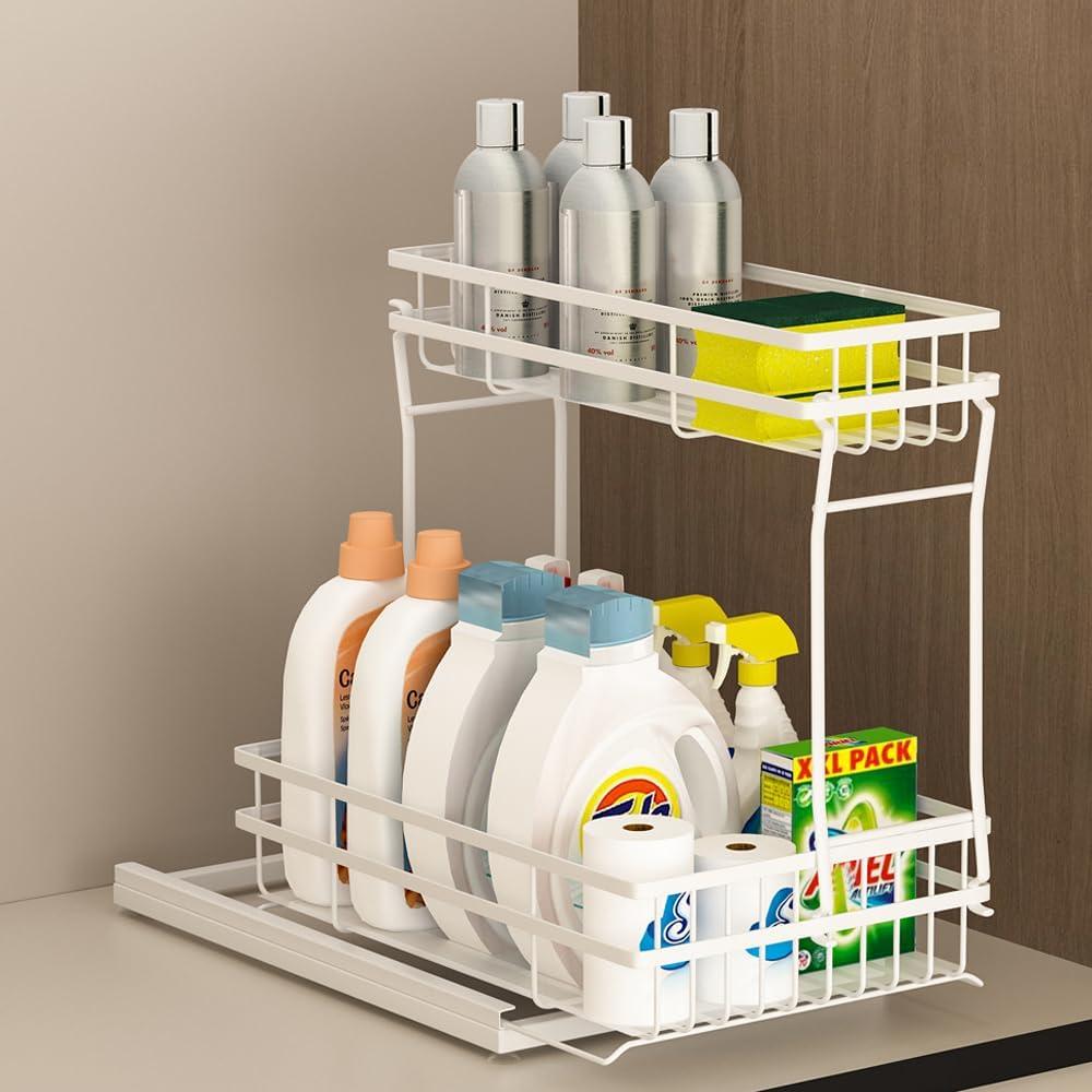 1 Pack Under Sink Organizers and Storage, 2 Tier Pull Out Cabinet Organizer, Metal Sliding Drawer Storage for Kitchen BathroomWhite