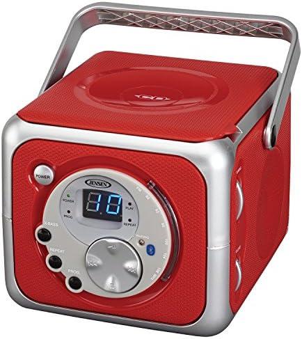 Jensen CD-555RS Red CD Bluetooth Boombox Portable Bluetooth Music System with CD Player +CD-R/RW & FM Radio with Aux-in & Headphone Jack Line-in Limited Edition- (Red)